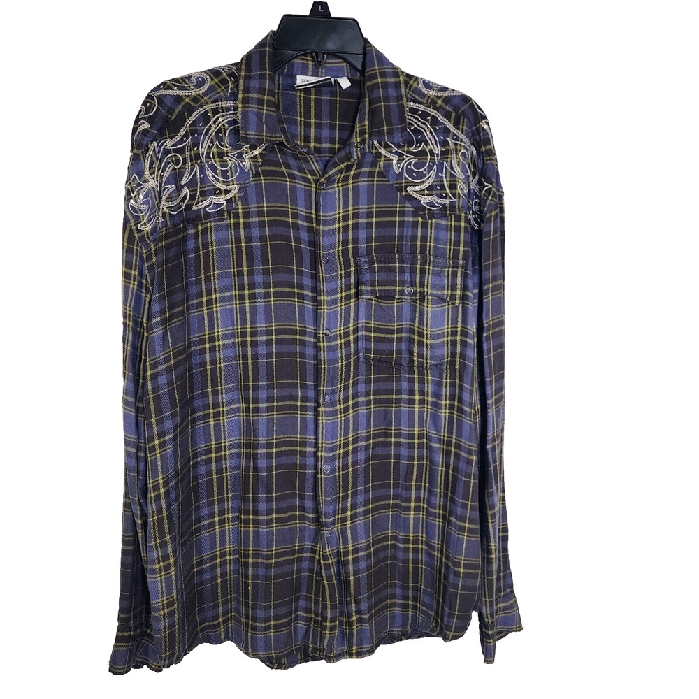 ASOS DESIGN Mens Shirt Medium 90s Western Plaid Sequins Embroidery Embellished
